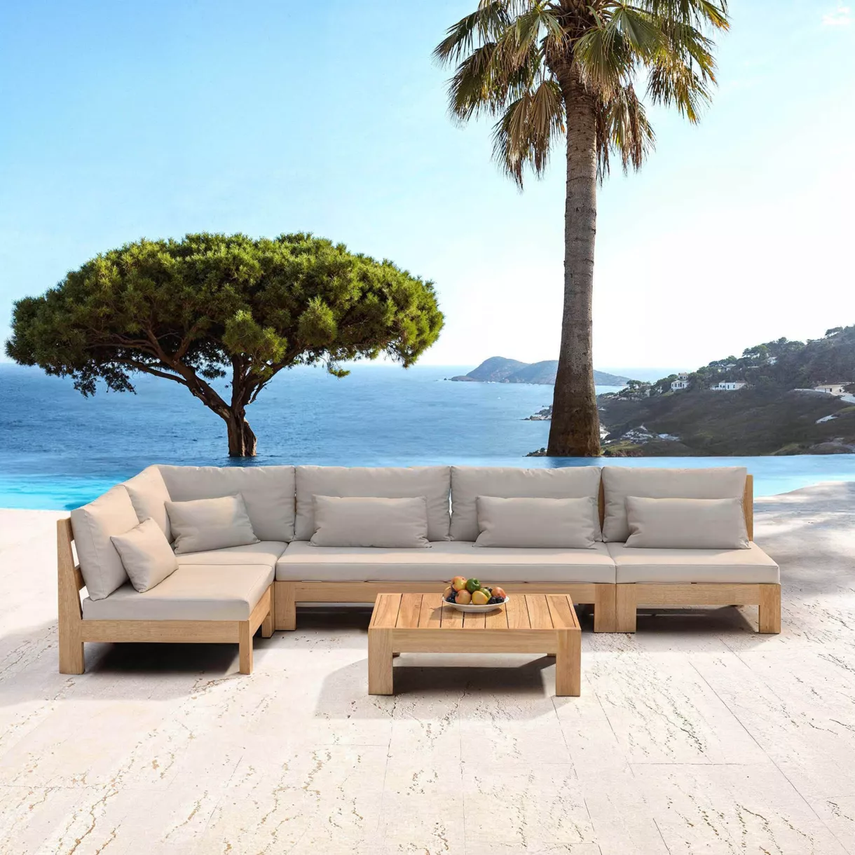 SALON DE JARDIN D'ANGLE BORNEO 6 PLACES STRUCTURE EN BOIS ET COUSSINS SABLE