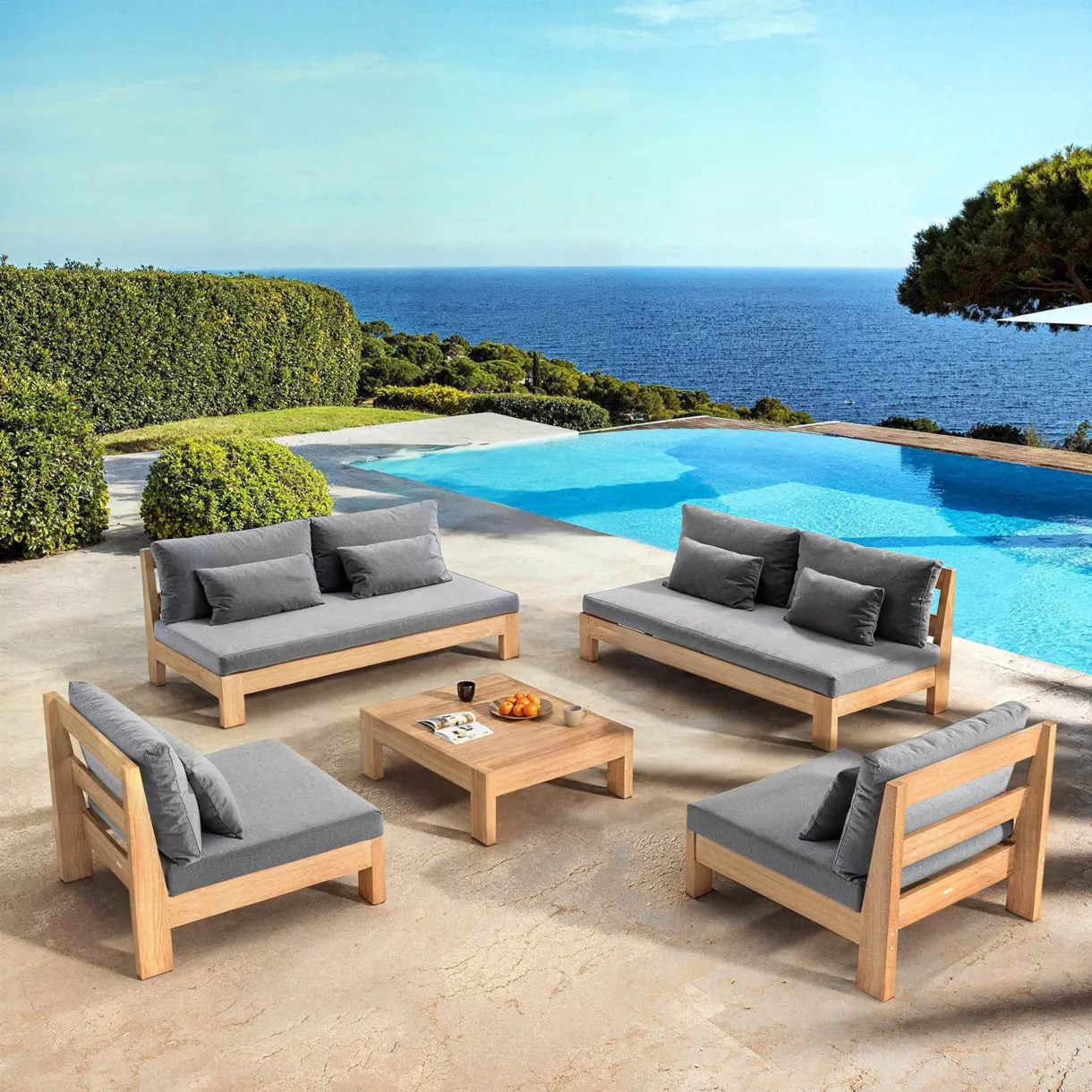 Conjunto de jardín esquinero de madera de acacia 8 plazas 5 pzs Bornéo Gris antracita
