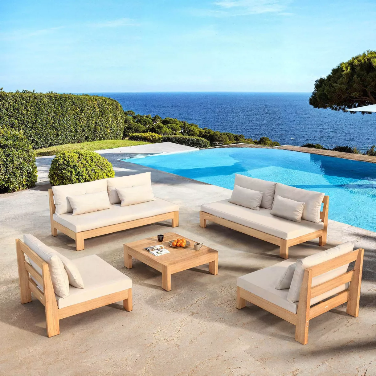 Conjunto de jardín esquinero de madera de acacia 8 plazas 5 pzs Bornéo Arena