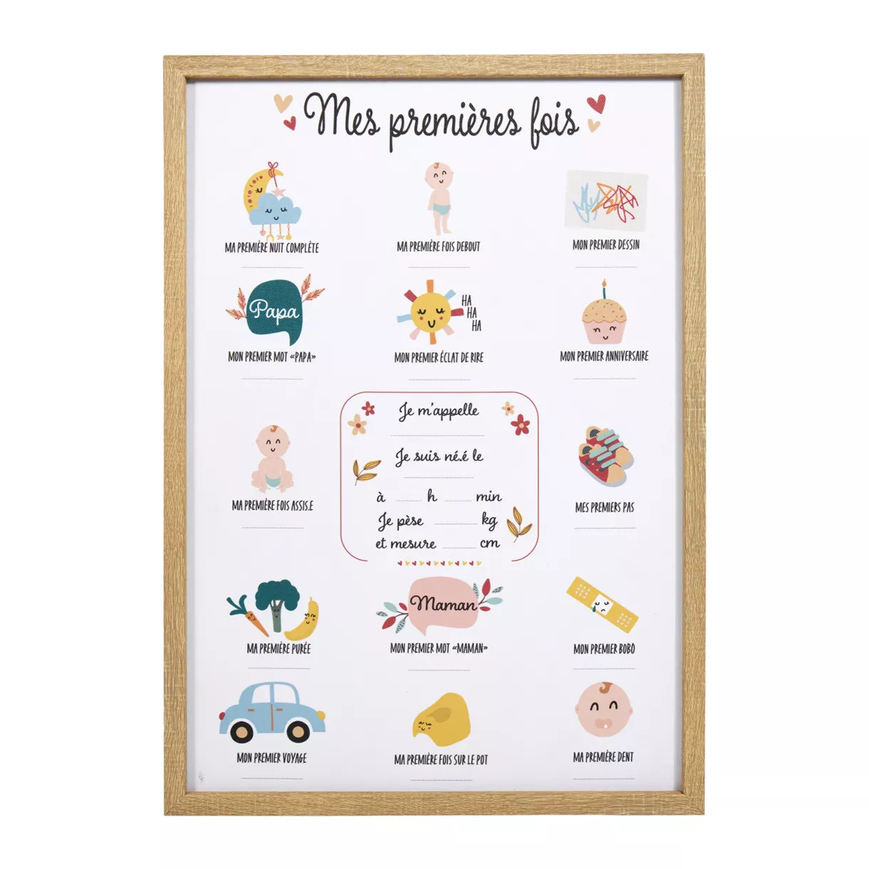 eminza Toile murale enfant et stylo (30 x 40 cm) Mes premières fois Beige