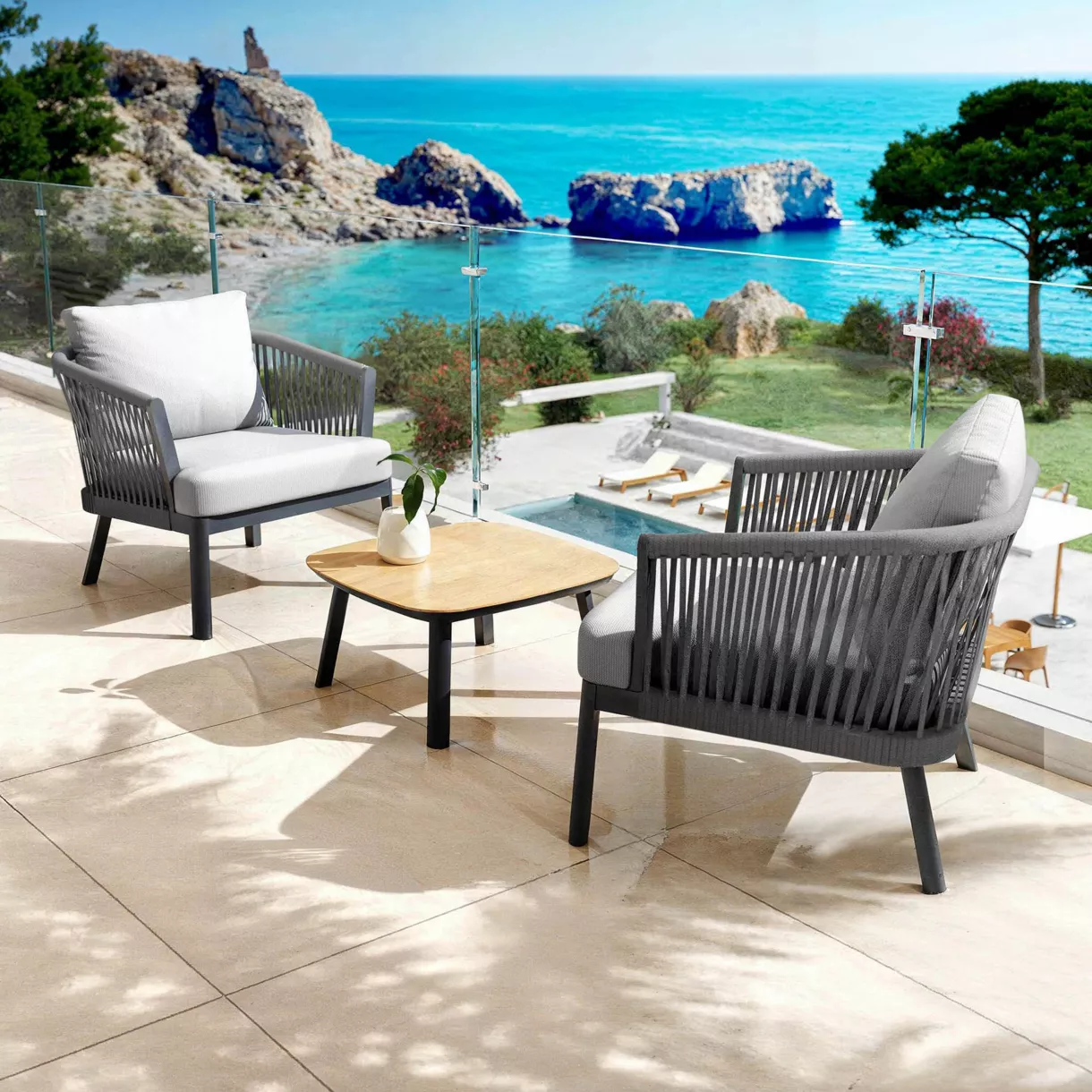 SALON DE JARDIN AMALFI 2 PLACES STRUCTURE ANTHRACITE ET COUSSINS GRIS NUAGE