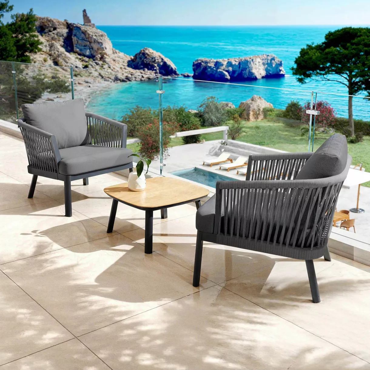 SALON DE JARDIN AMALFI 2 PLACES STRUCTURE ANTHRACITE ET COUSSINS ANTHRACITE