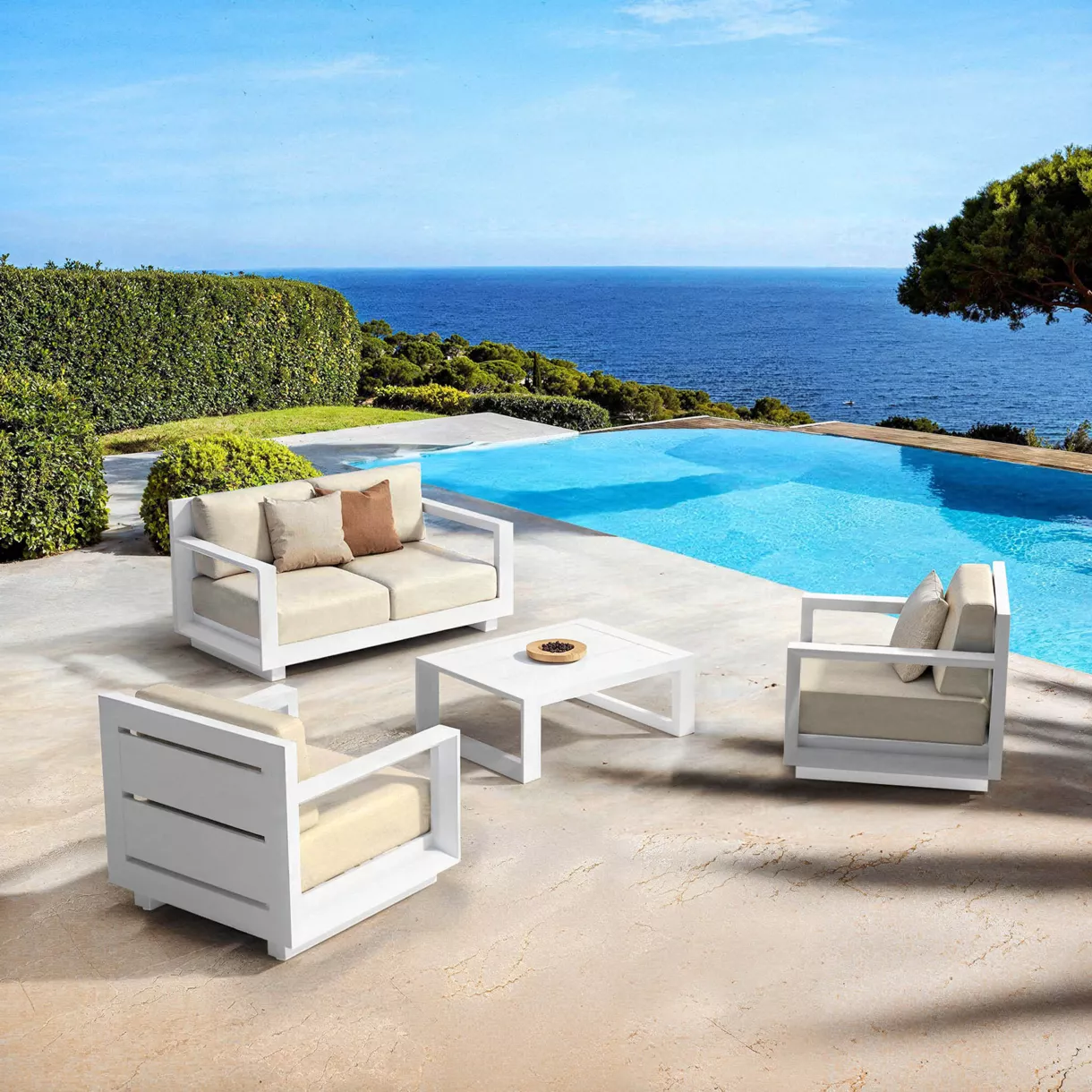 SALON DE JARDIN ELBA 4 PLACES STRUCTURE BLANC ET COUSSINS BEIGE