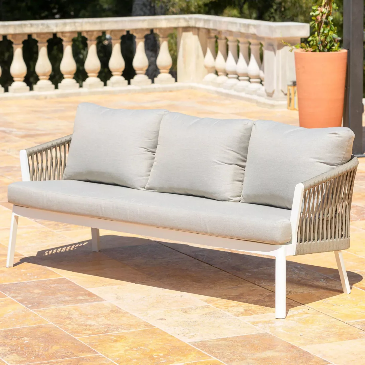 Sofá de jardín en aluminio 3 plazas Amalfi Blanco y topo