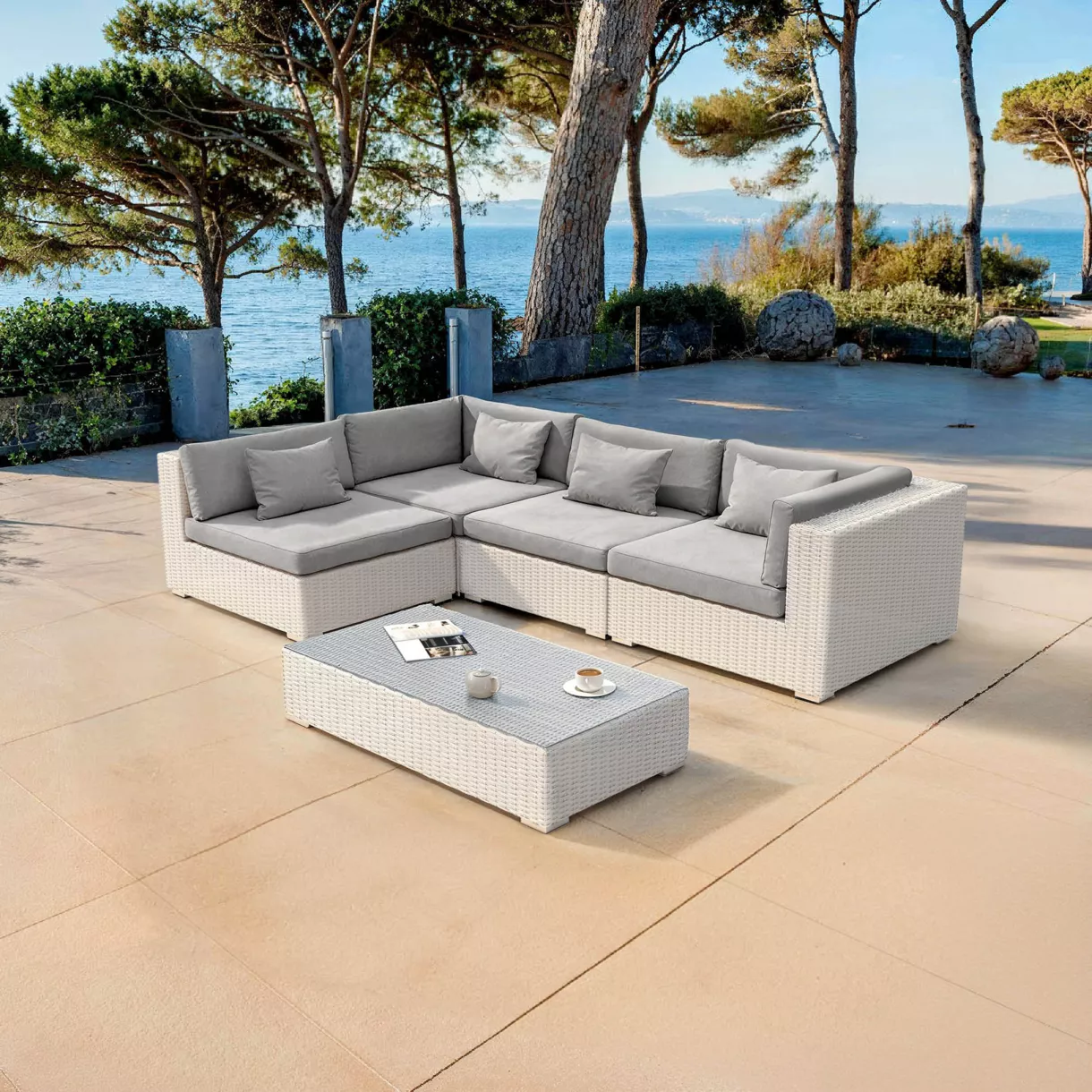 Salon de jardin en résine tressée 4 places 5 pcs Palma Blanc et gris