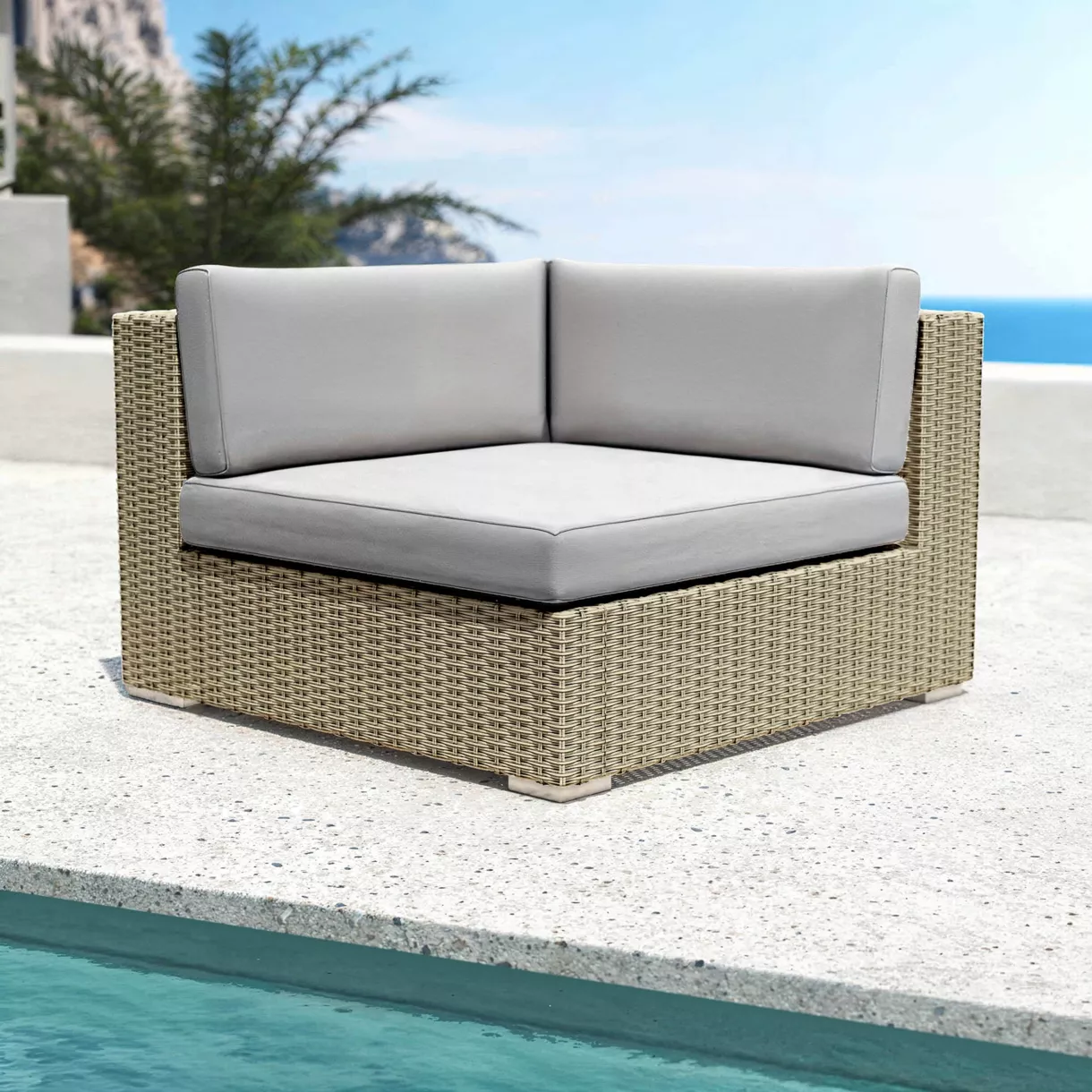eminza Fauteuil d'angle de jardin en résine tressée Palma Gris