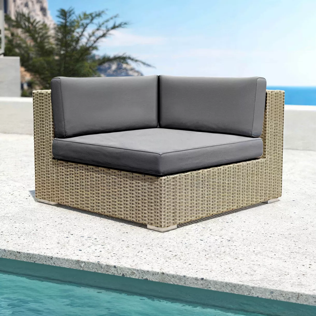 Fauteuil d'angle de jardin en résine tressée Palma Gris et anthracite