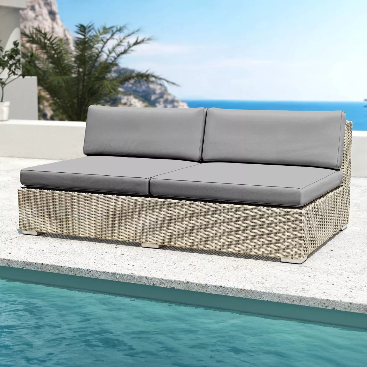 Chauffeuse de jardin en résine tressée 2 places Palma Gris et anthracite
