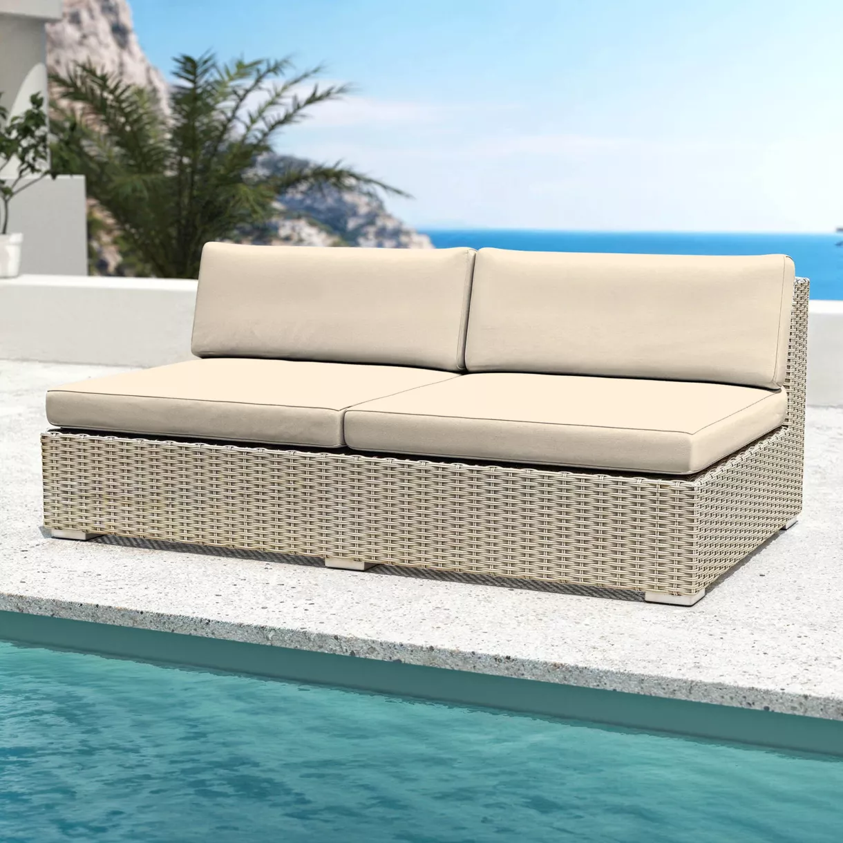 Chauffeuse de jardin en résine tressée 2 places Palma Gris et beige