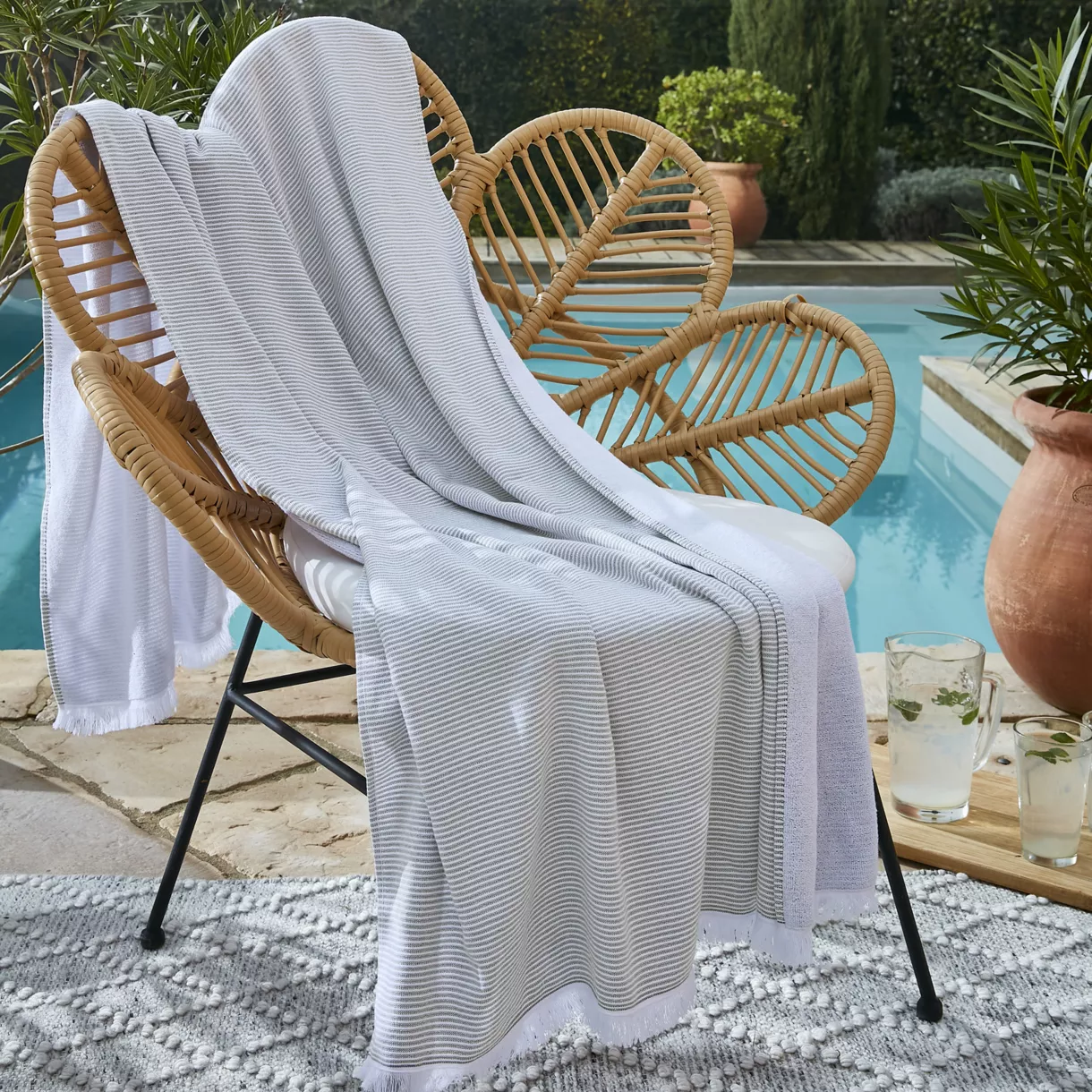 Fouta avec franges 95 x 180 cm Coton tissŽ teint + Žponge NAèL NŽnuphar