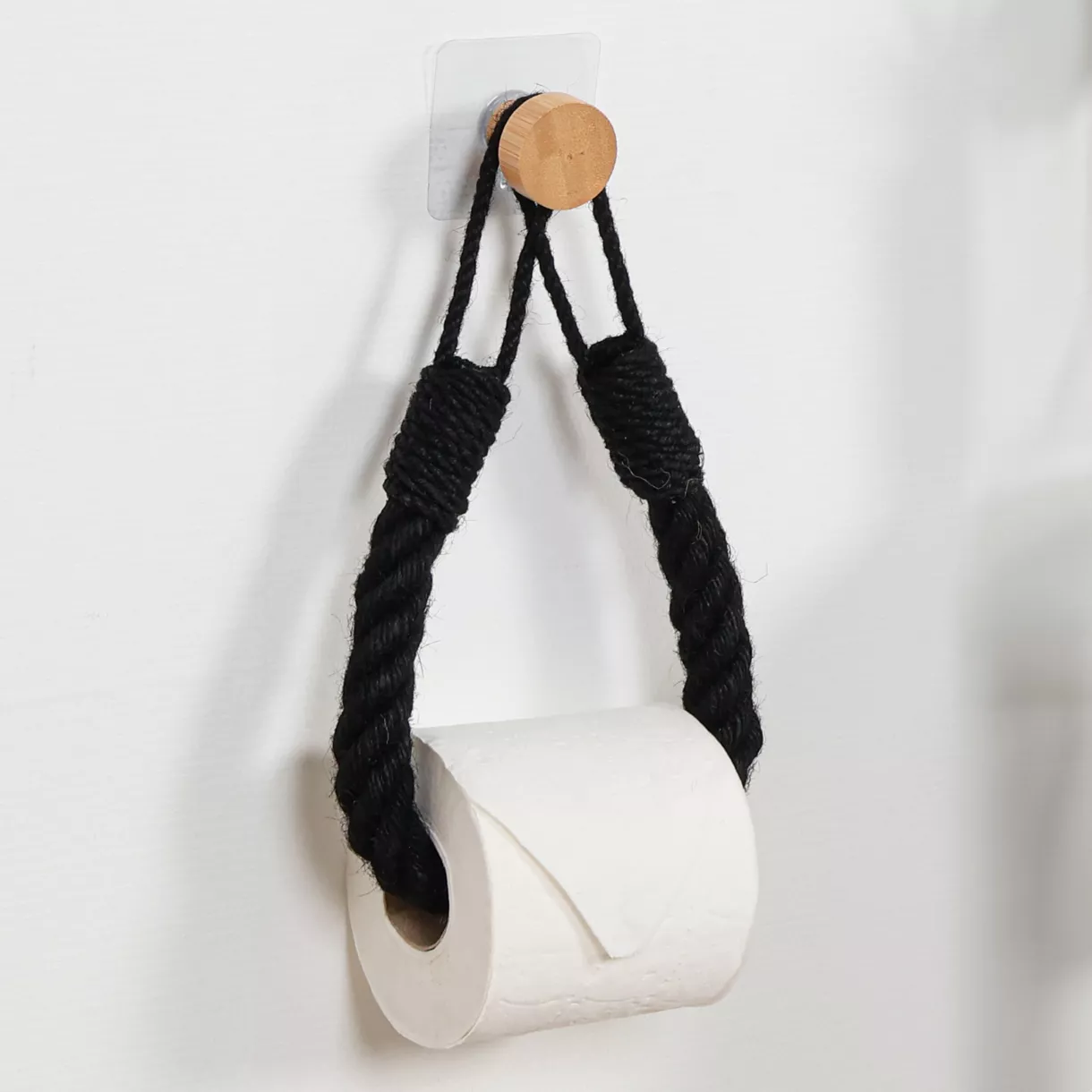 DEROULEUR  PAPIER WC OU PORTE SERVIETTES CORDE + BAMBOU SUR STICKER - NOIR