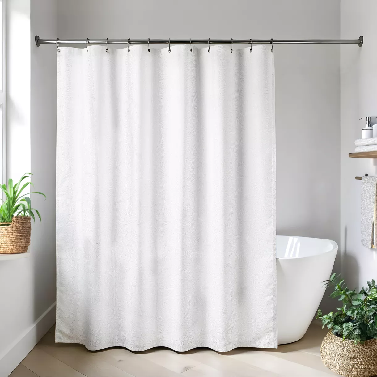 RIDEAU DE DOUCHE MICROFIBRE/POLYESTER 180X200CM EFFET FEUILLE- BLANC