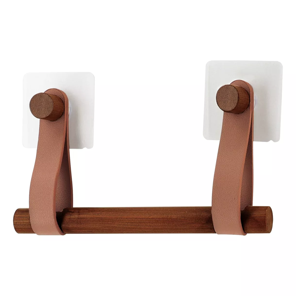DEROULEUR PAPIER WC BAMBOU + LANIERES SIMILI CUIR SUR STICKER - CARAMEL/FACON ACACIA