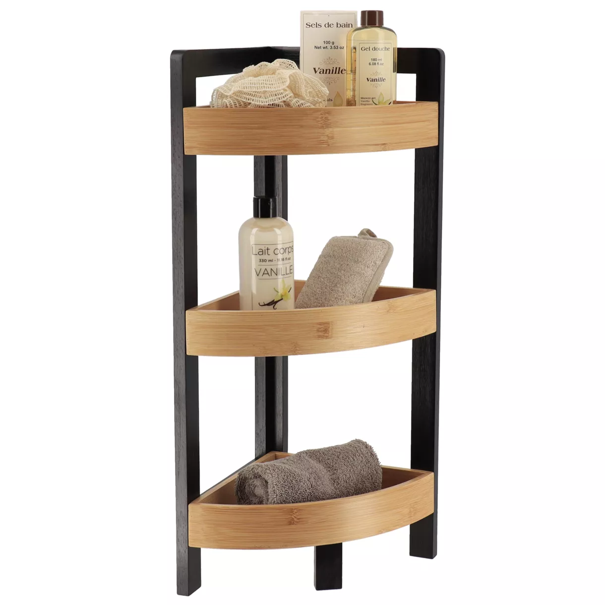 MEUBLE D'ANGLE 3 ETAGERES BAMBOU - NOIR/BAMBOU
