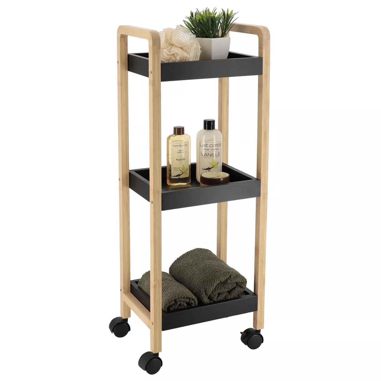 DESSERTE SUR ROULETTES 3 ETAGERES BAMBOU/MDF - BAMBOU/NOIR
