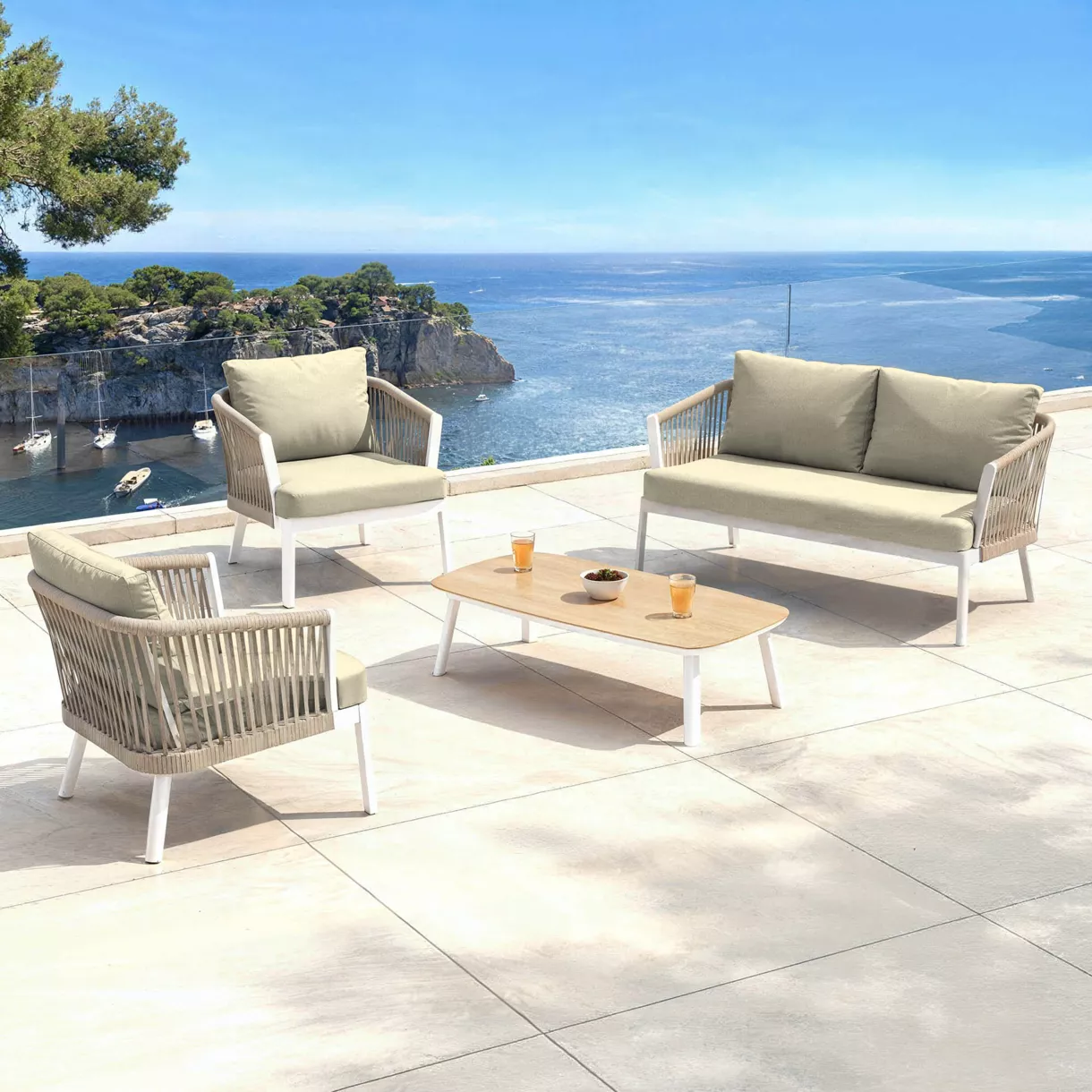 Conjunto de jardín en aluminio 4 plazas - 4 piezas Amalfi Blanco y topo