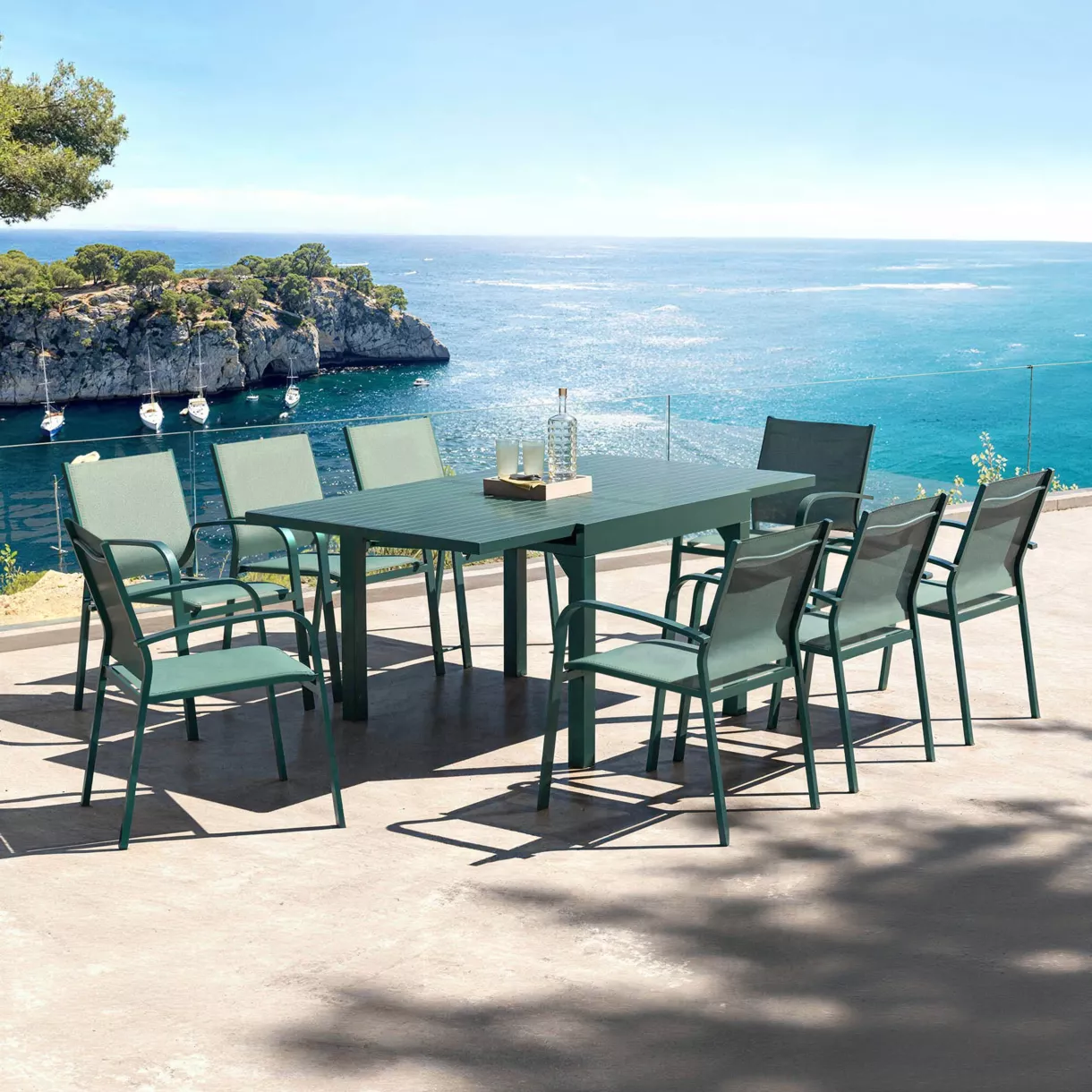 Table de jardin extensible en verre 8 places (90/180 x 90 cm) Murano Bleu