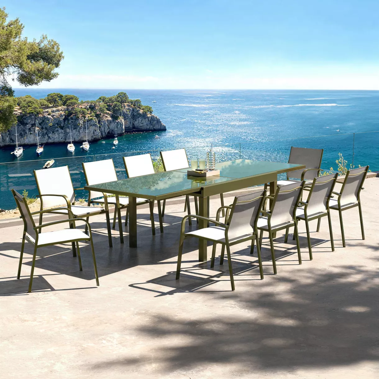 Tavolo da giardino allungabile in vetro 10 posti (135/270 x 90 cm) Murano Verde