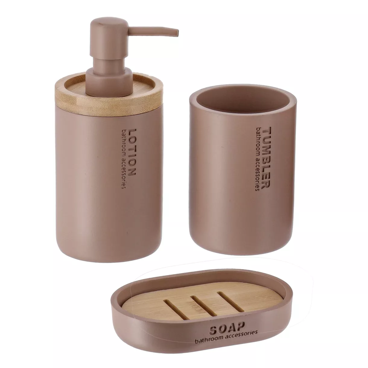 SET GOBELET DISTRIBUTEUR A SAVON ET PORTE SAVON POLYRESINE - CAPPUCCINO/BAMBOU