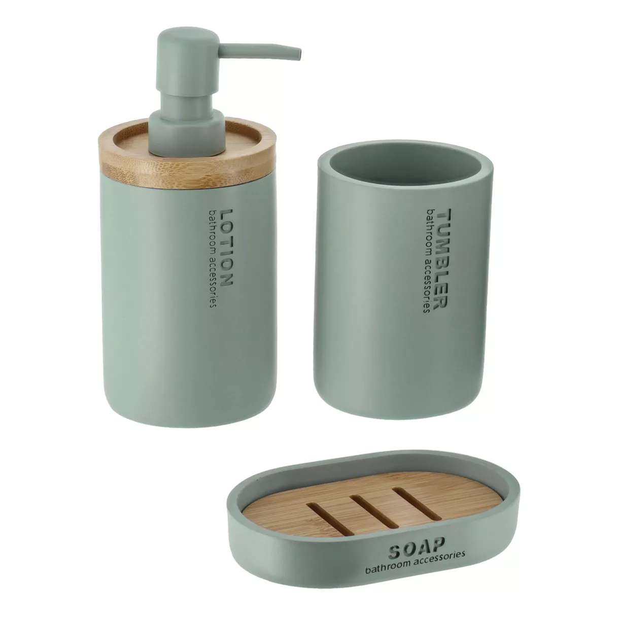 SET GOBELET DISTRIBUTEUR A SAVON ET PORTE SAVON POLYRESINE - VERT EUCALYPTUS/BAMBOU