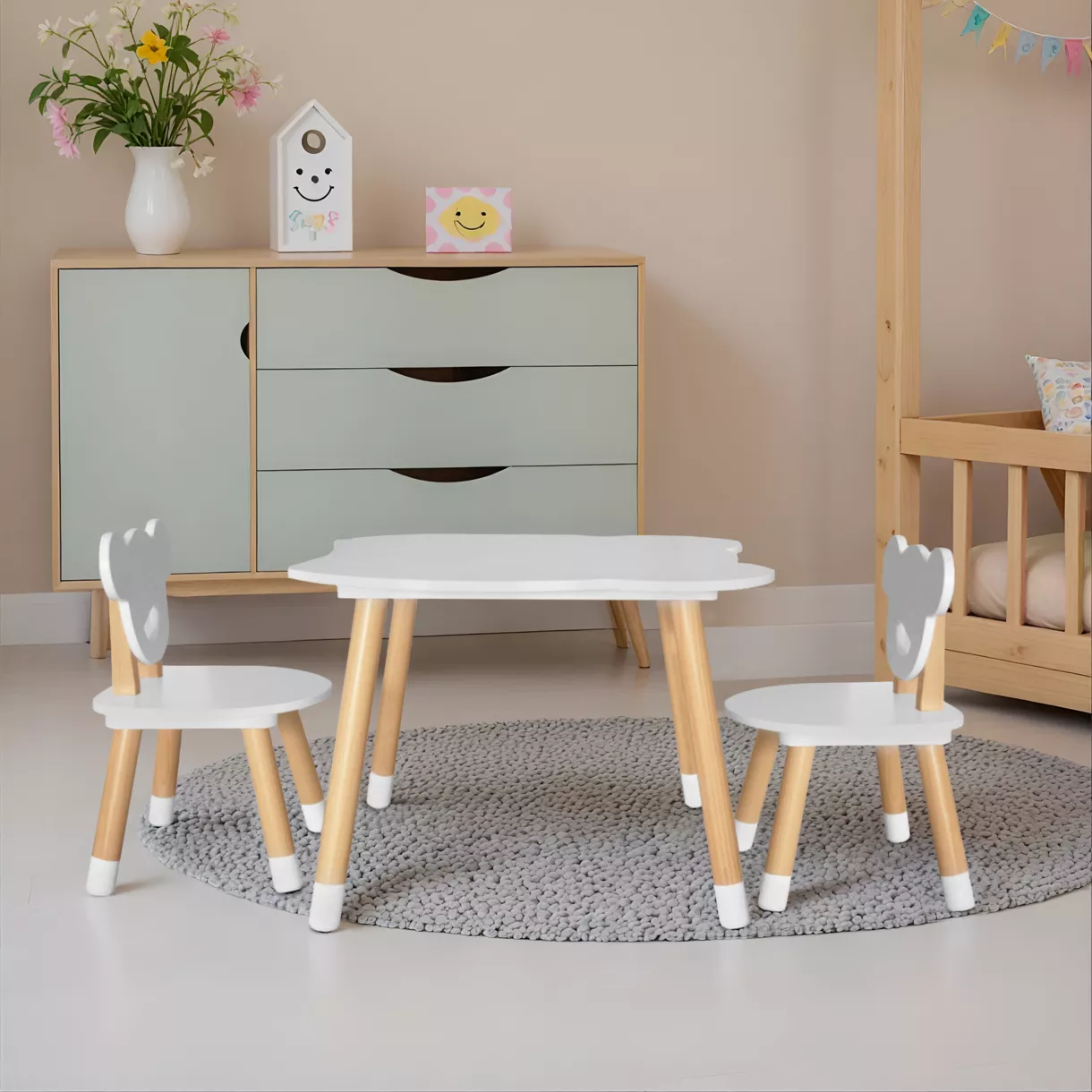 Kindertisch und 2 Kinderstühle Holz (H44 cm) Oursons Weiß