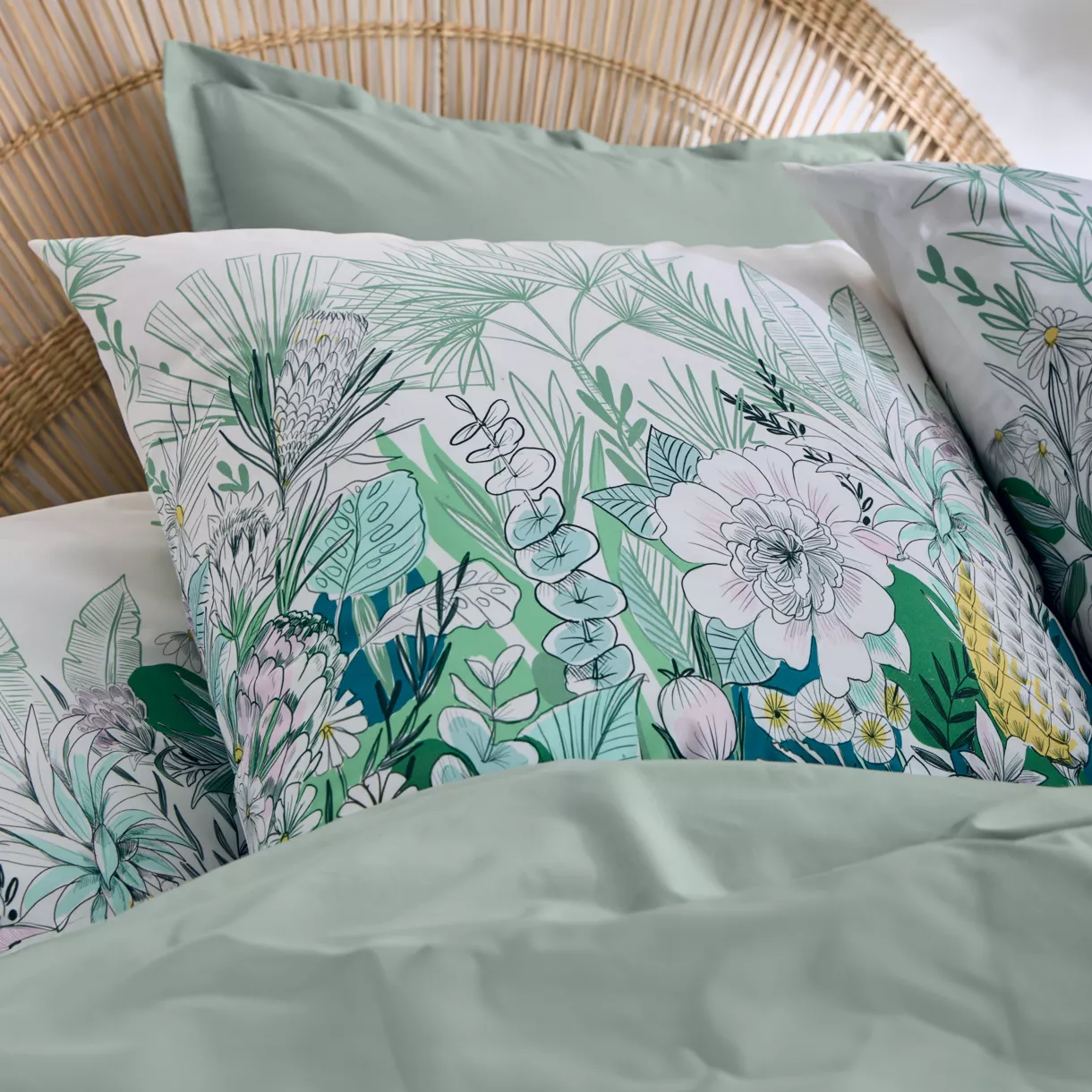 Funda de almohada cuadrada de percal de algodón (65 x 65 cm) Bali Verde