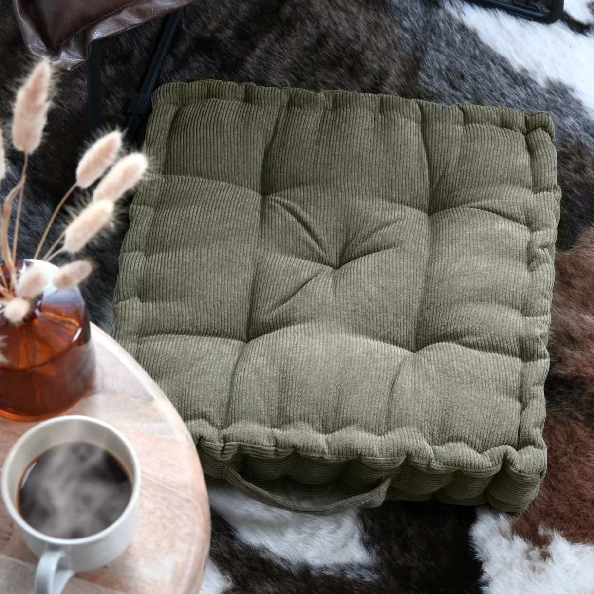 Coussin de sol carré velours (45 x 45 cm) Dandy Vert kaki