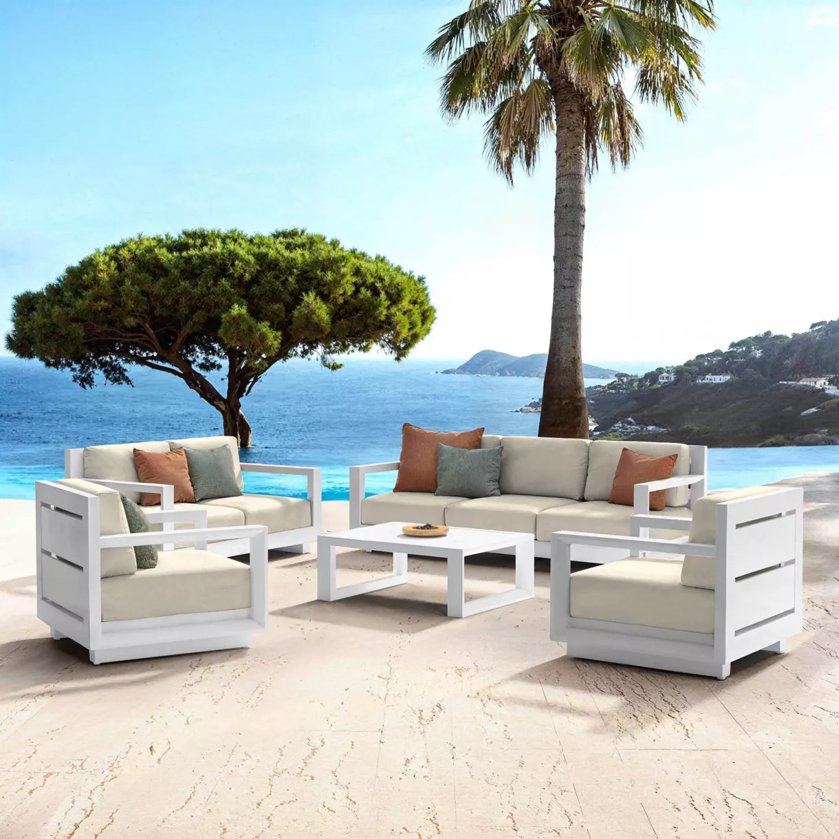Tuinset van aluminium 7 zitplaatsen 5-delig Elba Wit en beige