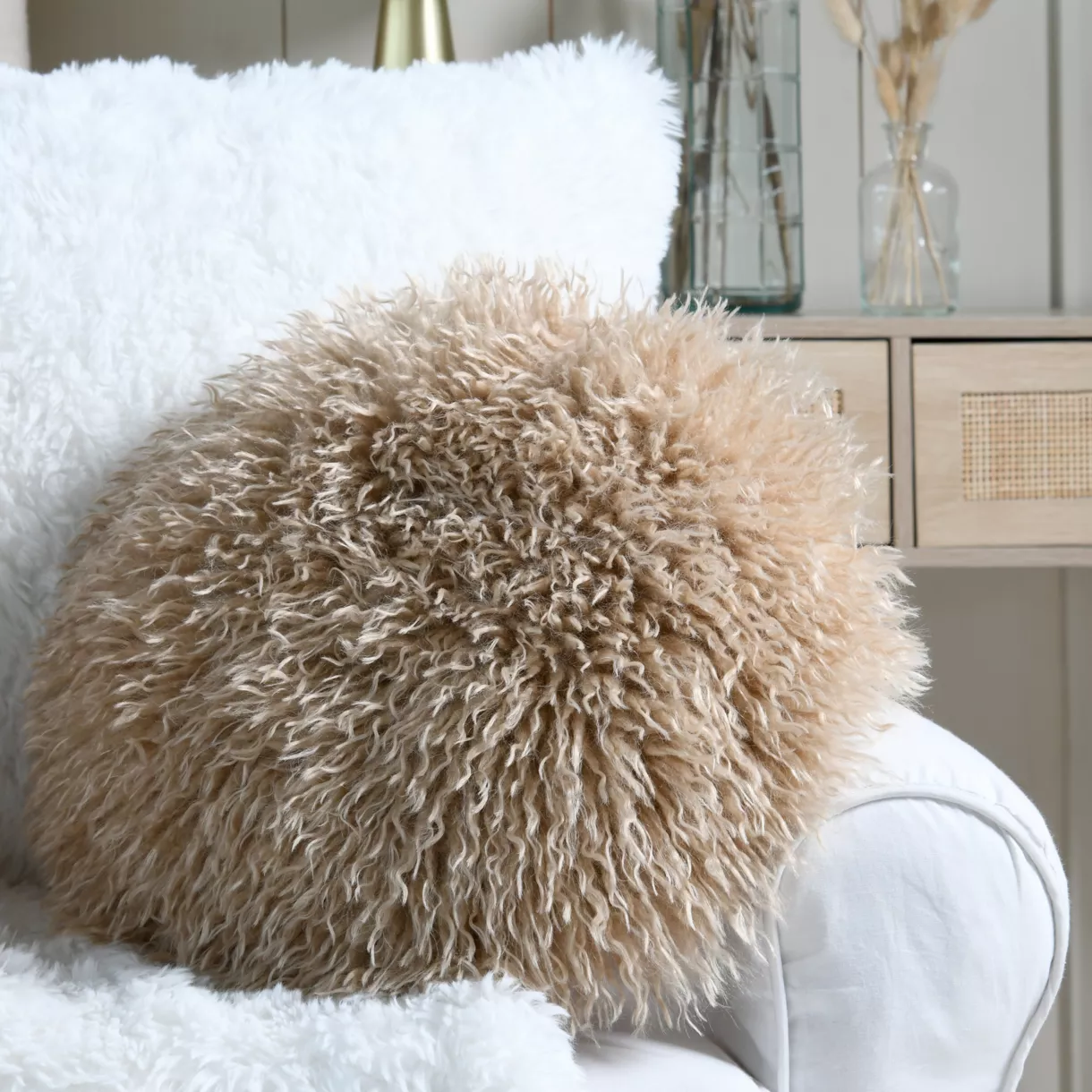 Rond kussen nepbont (40 cm) Cosylife Beige