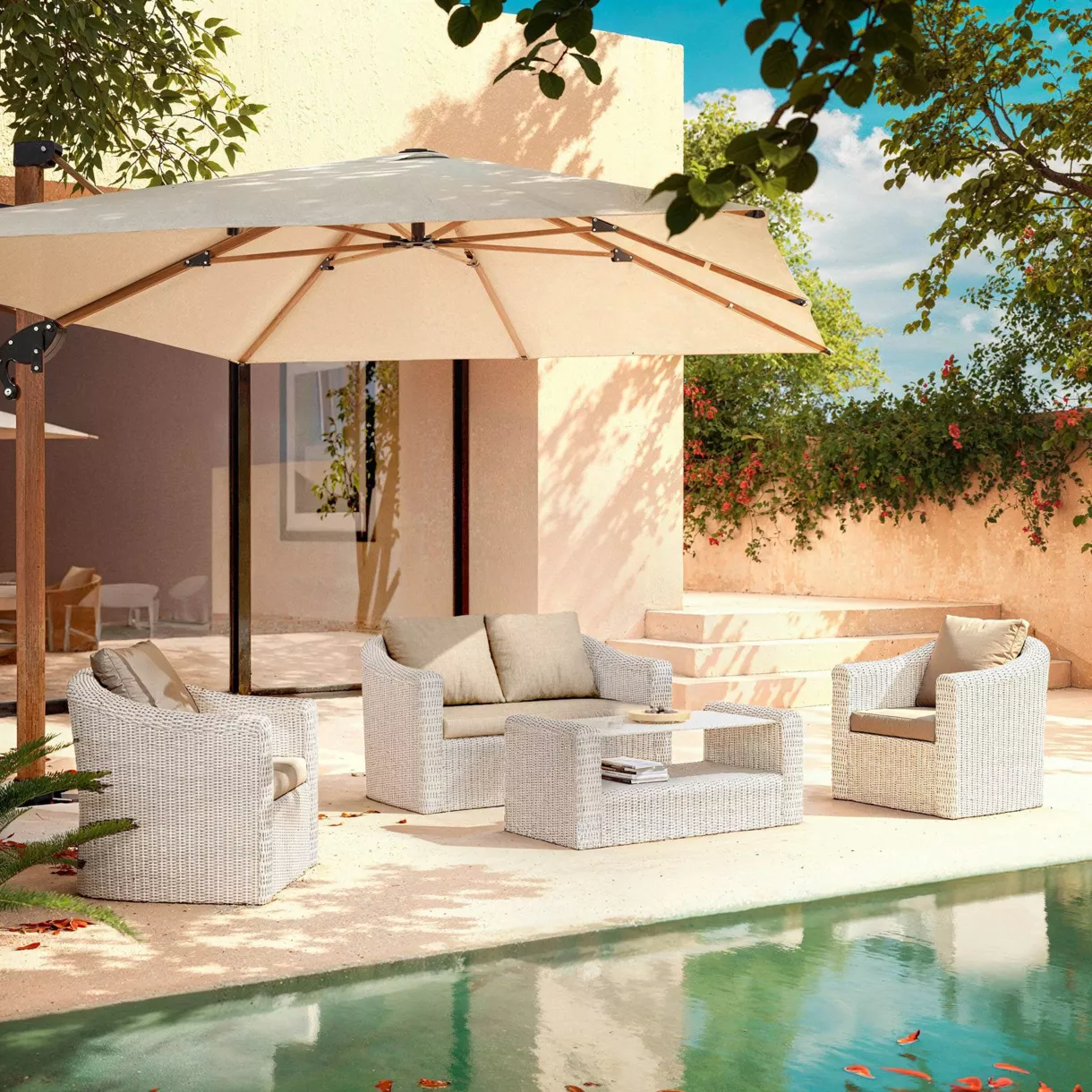 Salon de jardin en résine tressée 4 places 4 pcs Calvi Blanc et taupe