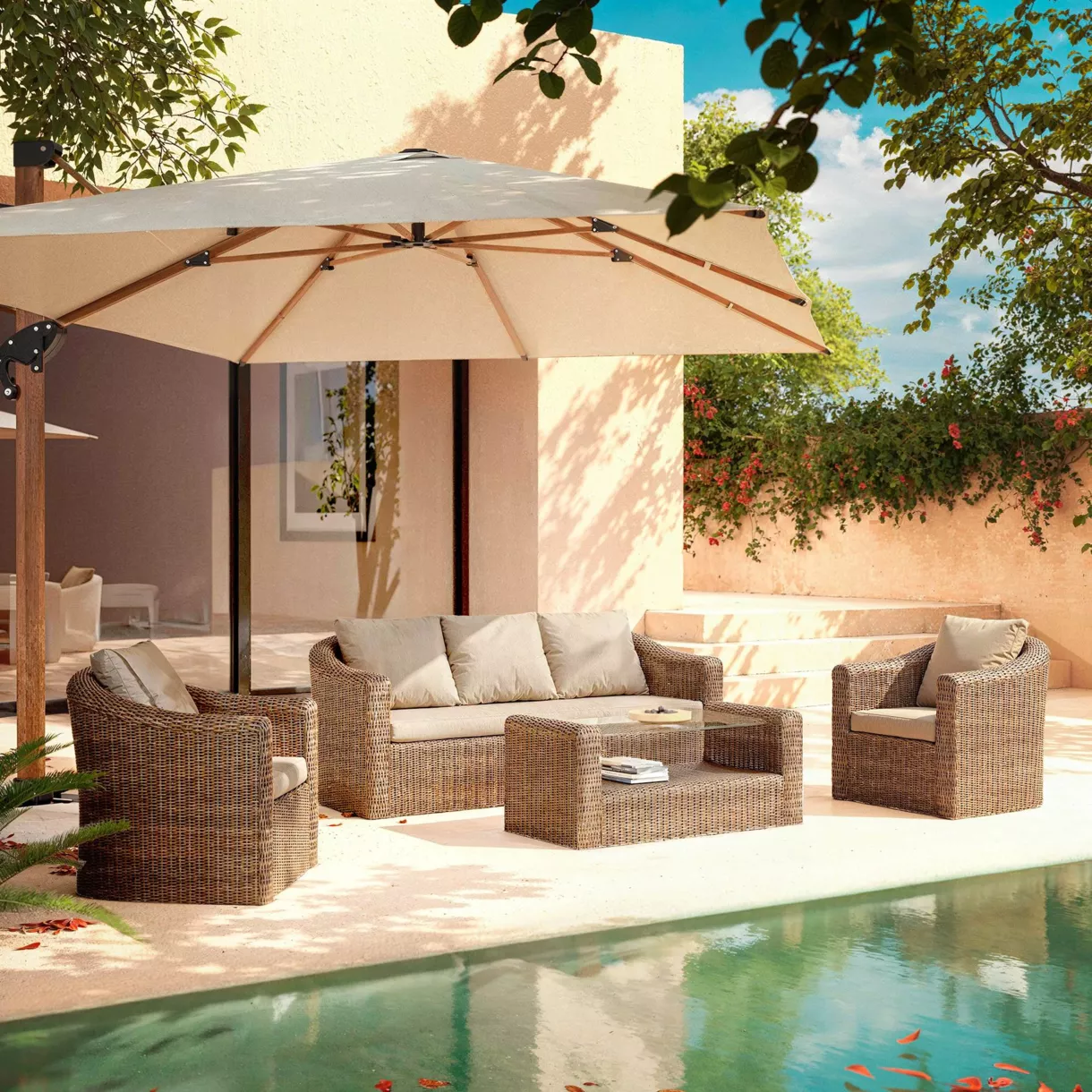 Salon de jardin en résine tressée 5 places 4 pcs Calvi Sepia et taupe