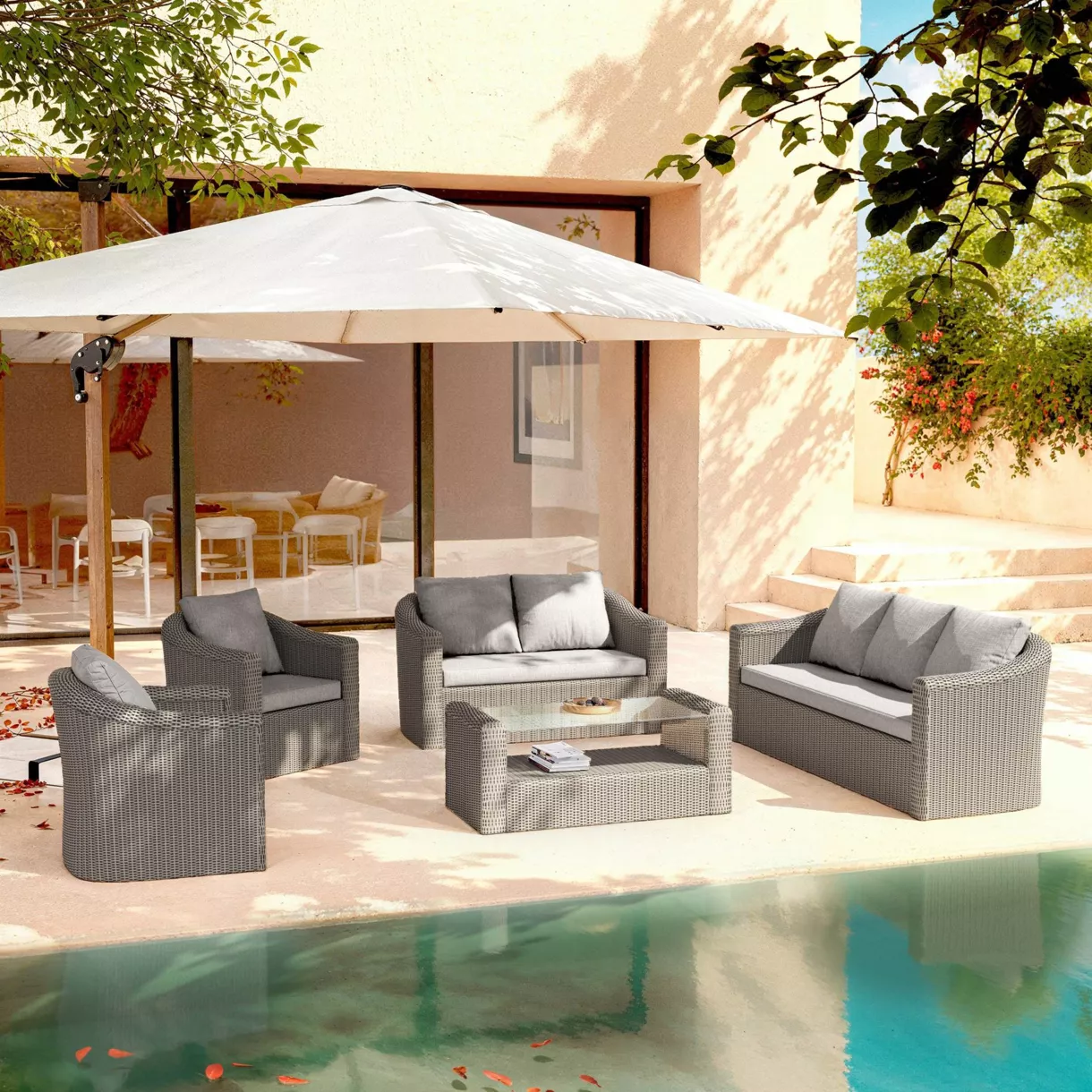 Conjunto de jardín de resina trenzada 7 plazas 5 pzas Calvi Gris y gris claro