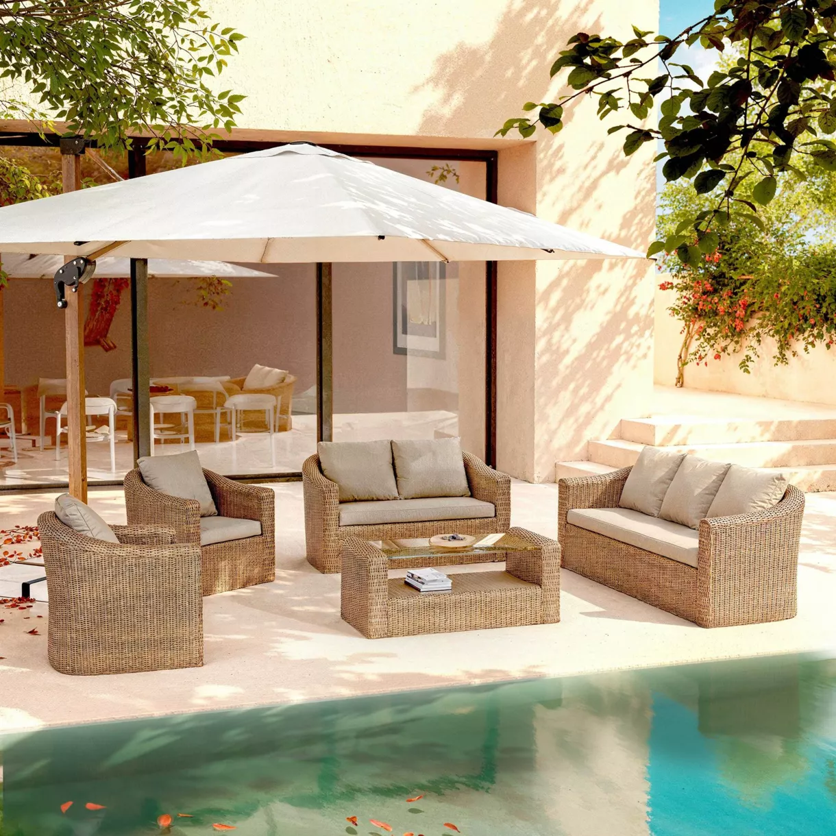 Salotto da giardino in resina intrecciata 7 posti 5 pezzi Calvi Seppia e tortora