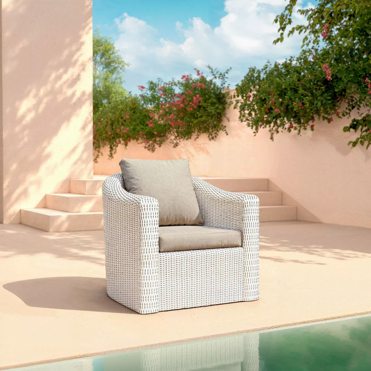 Gartensessel geflochtenes Polyrattan Calvi Weiß und Taupe