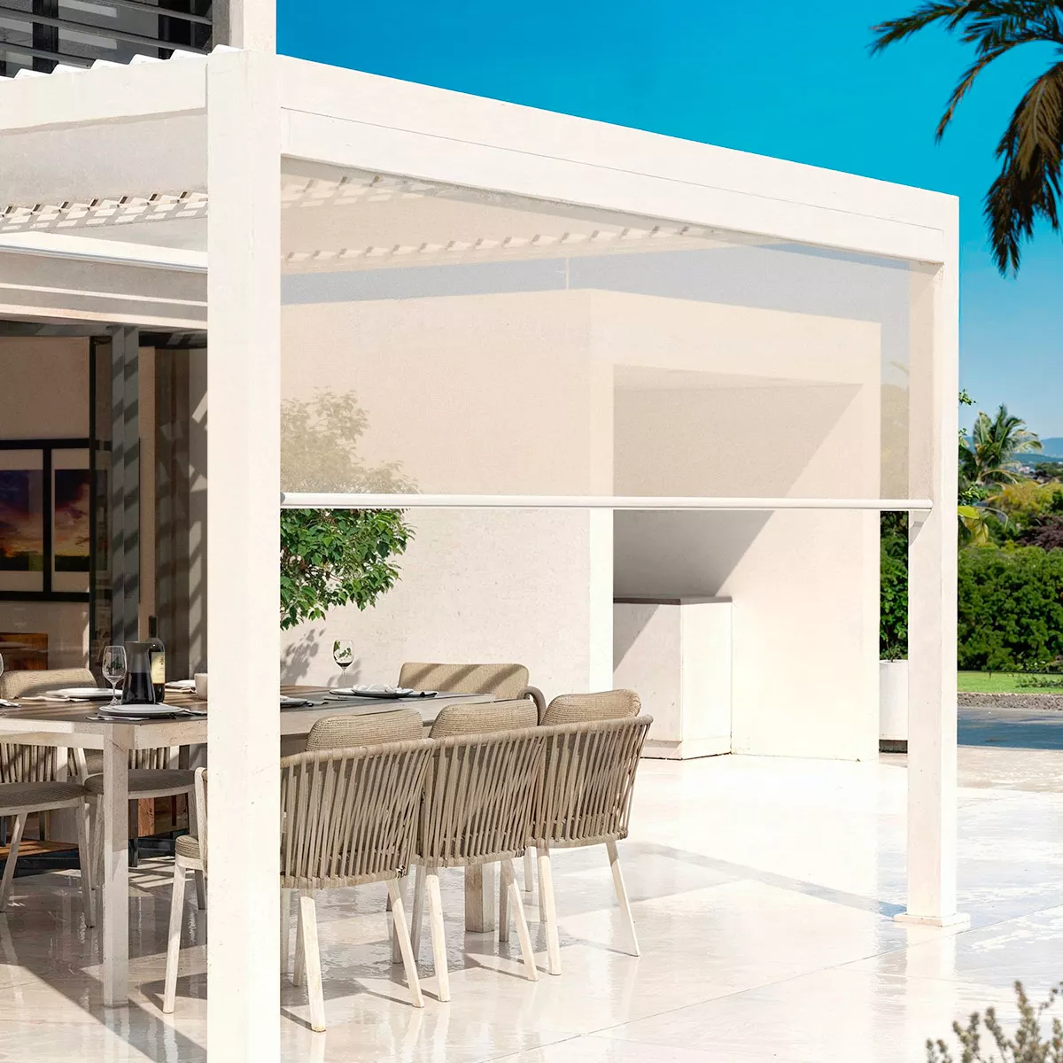 Cortina motorizada para pérgola bioclimática adosada (3 x 4 m) Blanco