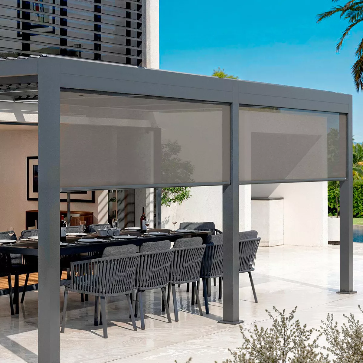 Lote de 2 cortinas motorizadas para pérgola bioclimática adosada (3 x 6 m) Gris antracita
