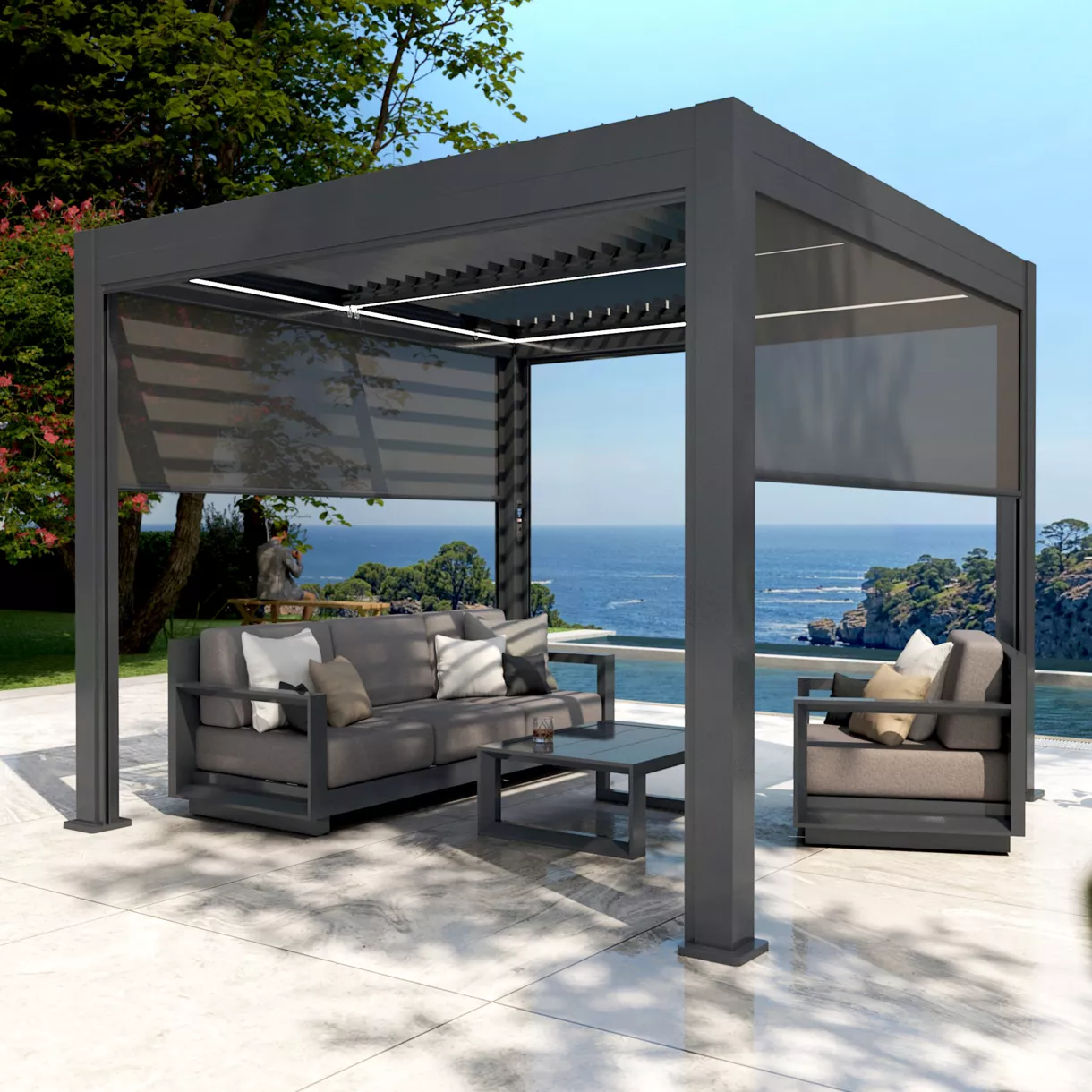 Lote de 4 cortinas motorizadas para pérgola bioclimática. (3 x 3 m) - Gris antracita