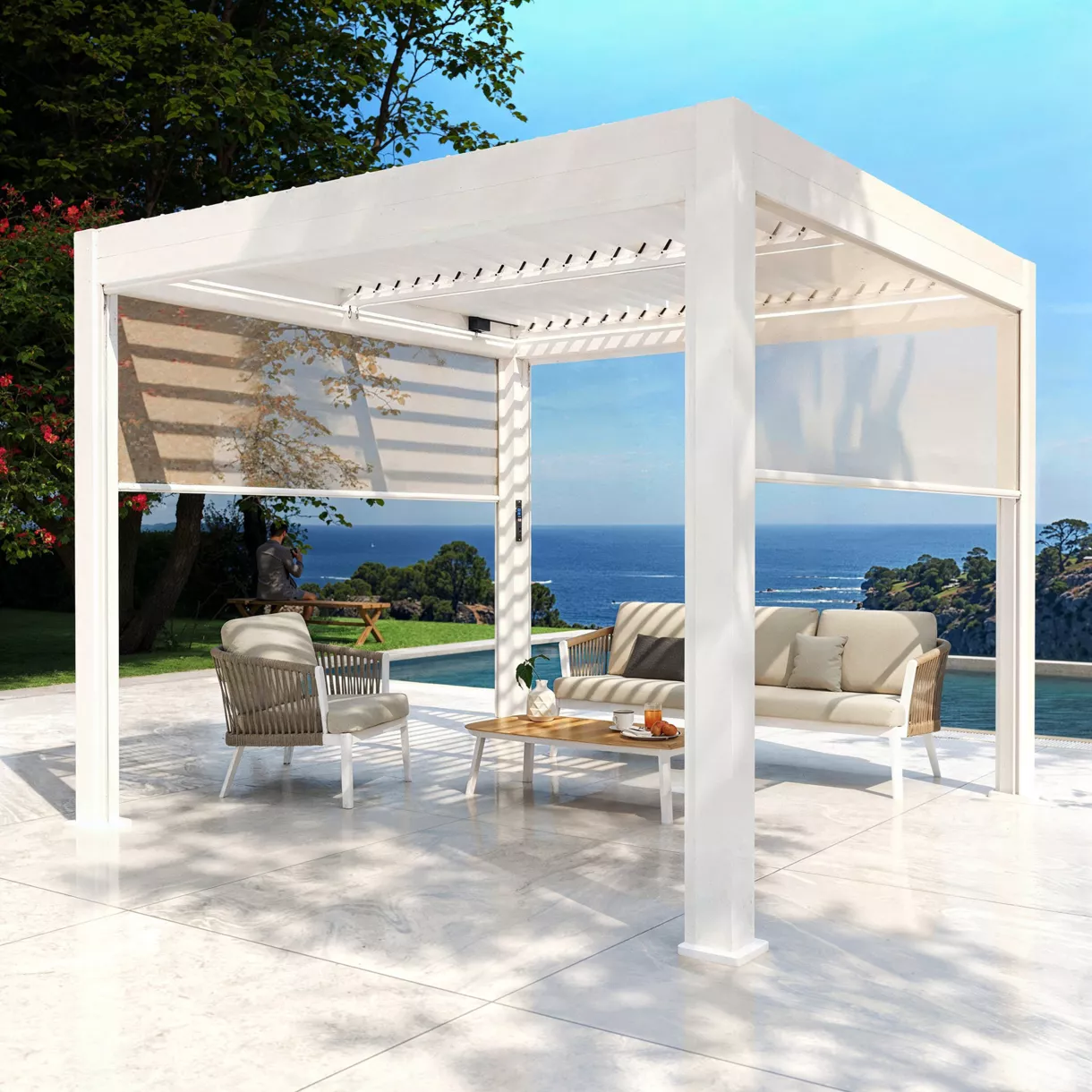 Lote de 4 cortinas motorizadas para pérgola bioclimática. (3 x 3 m) - Blanco