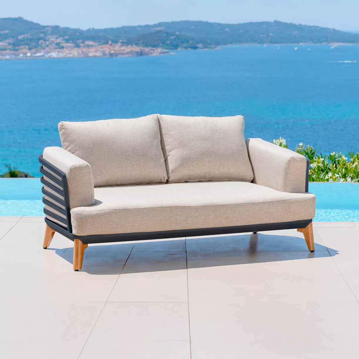 Canapé de jardin en aluminium 2 places Monte Carlo Gris anthracite et taupe