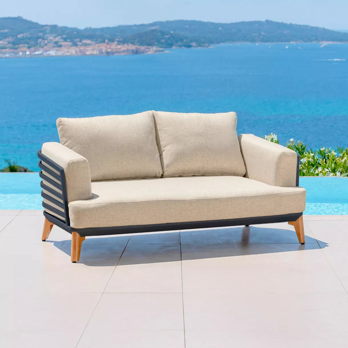 Canapé de jardin en aluminium 2 places Monte Carlo Gris anthracite et beige