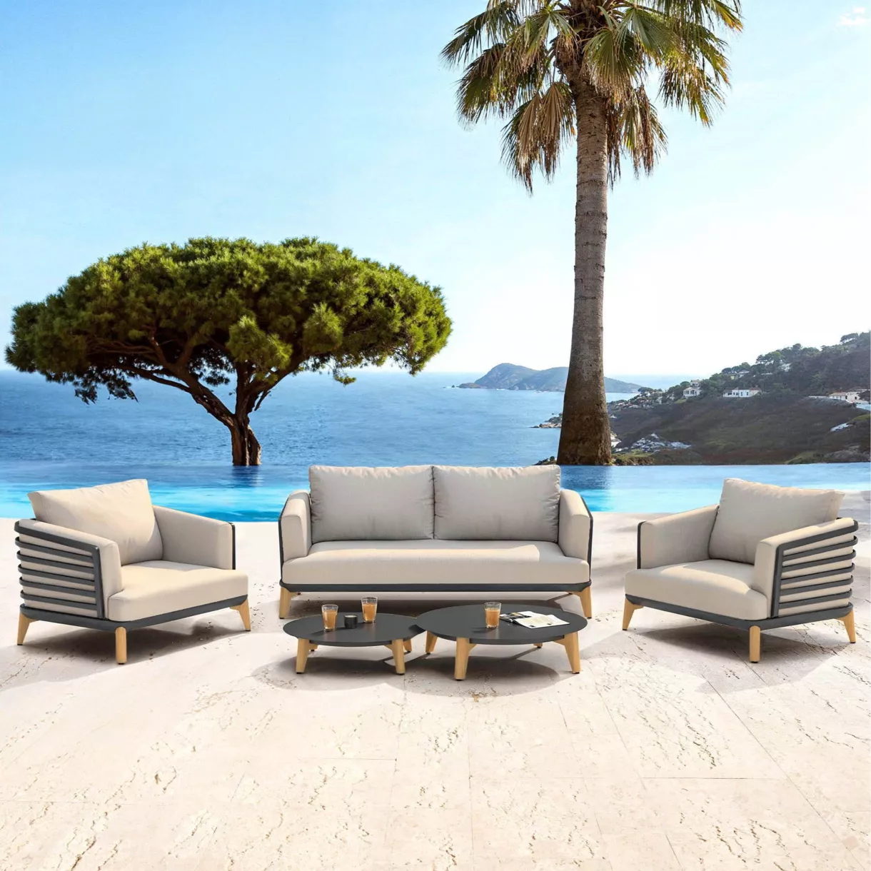 Conjunto de jardín de aluminio 4 plazas 5 piezas Monte Carlo Gris antracita y topo