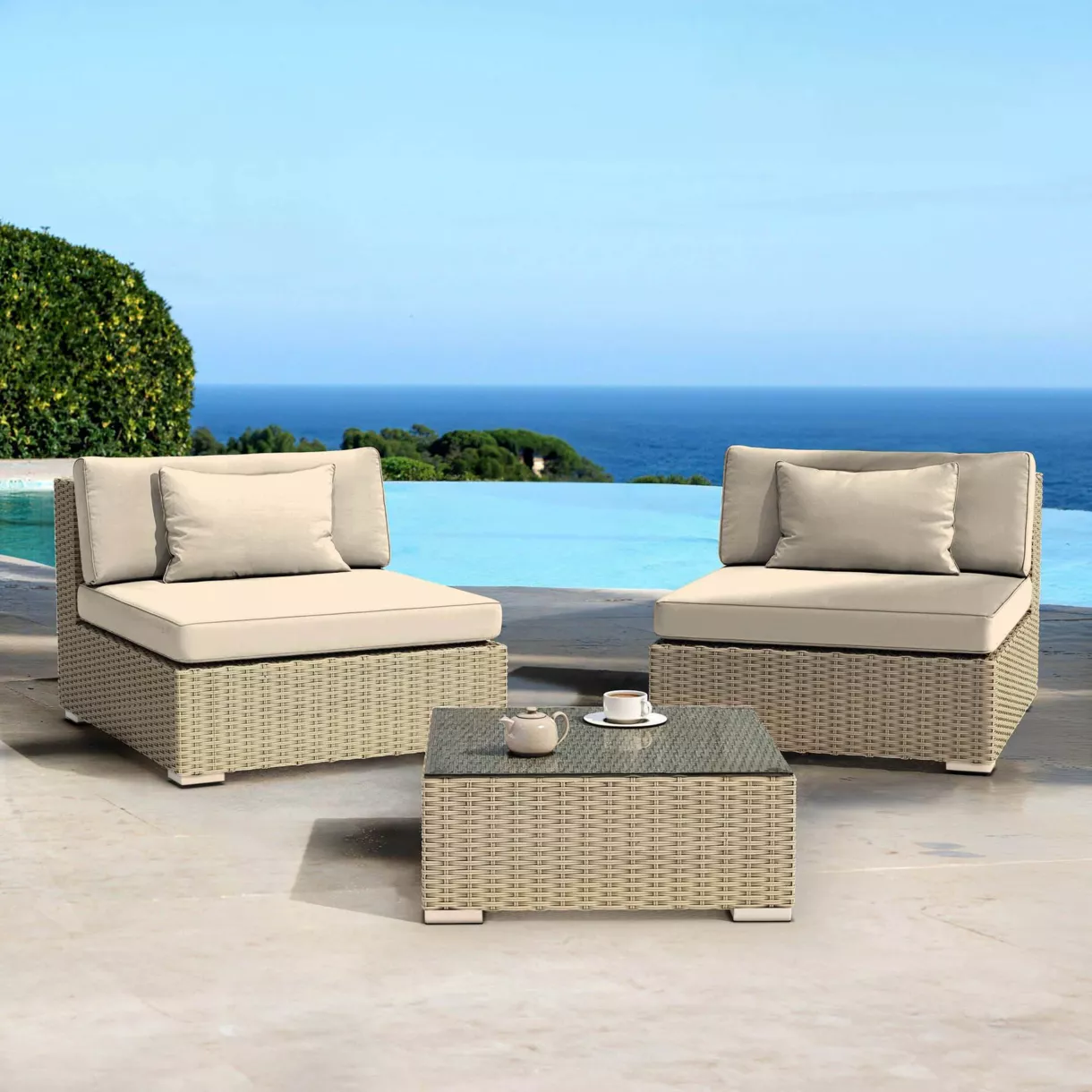 Salotto da giardino in resina intrecciata 2 posti 3 pezzi Palma Grigio e beige