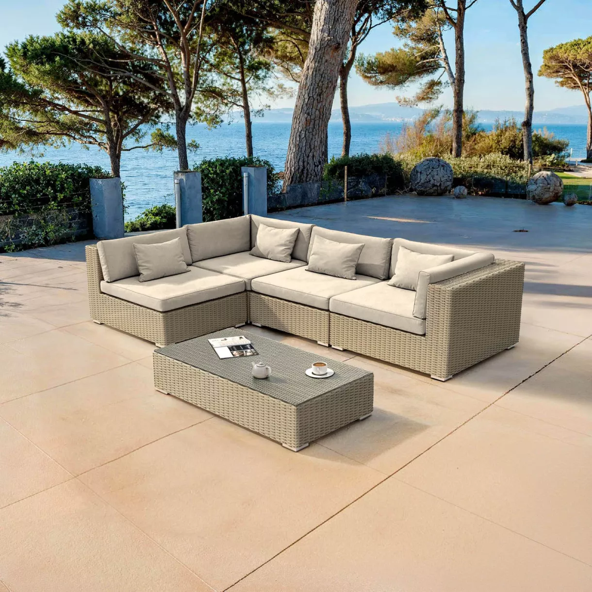 Salotto da giardino in resina intrecciata 4 posti 5 pezzi Palma Grigio e beige
