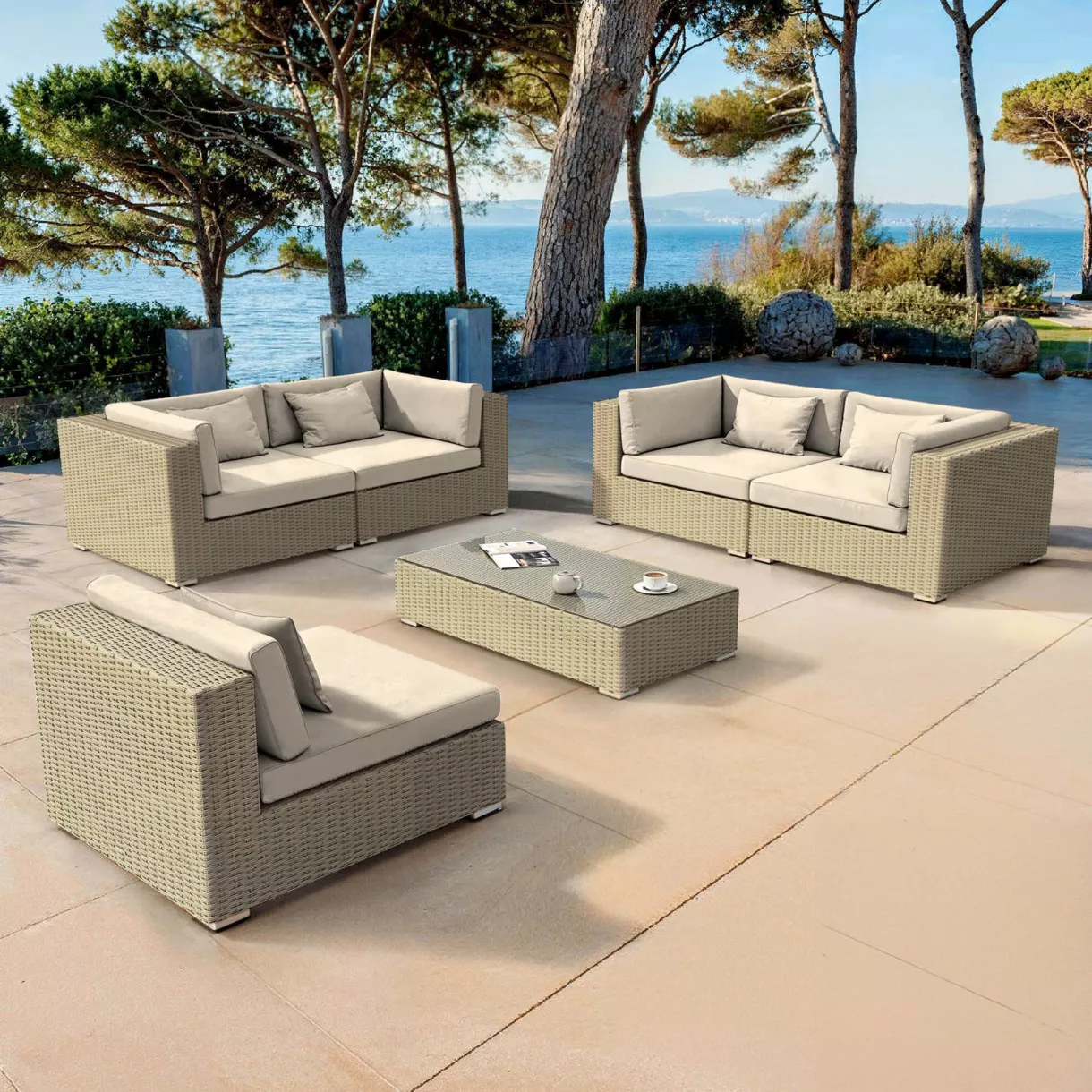 Conjunto de jardín de resina trenzada 5 plazas 6 pzas Palma Gris y beige