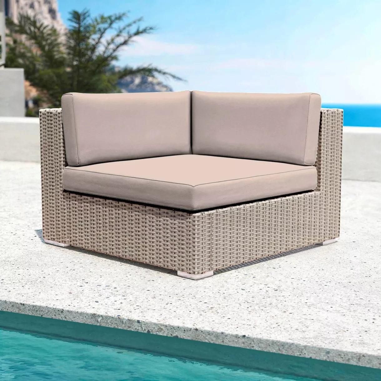 Sillón esquinero de jardín de resina trenzada Palma Gris y topo