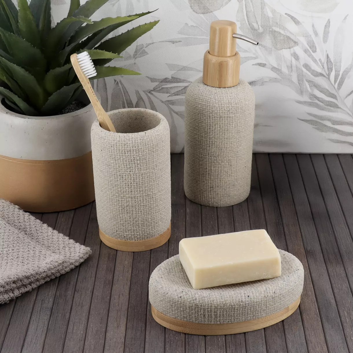 Set de accesorios de baño efecto Malla Beige