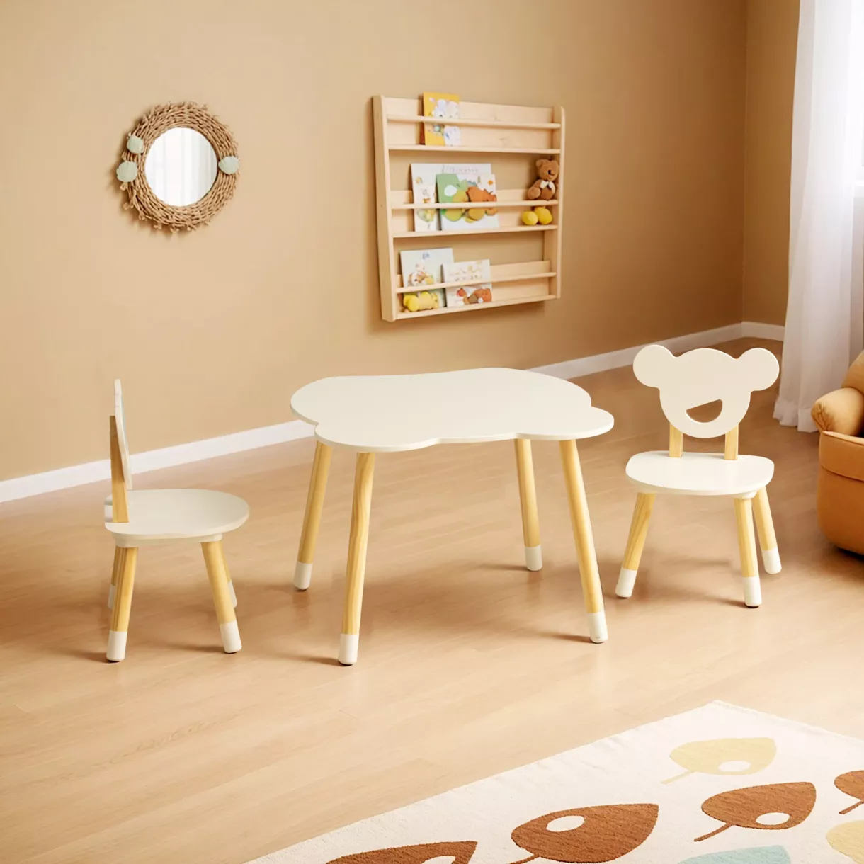 Mesa y 2 sillas infantil de madera (H44 cm) Ositos Blanco