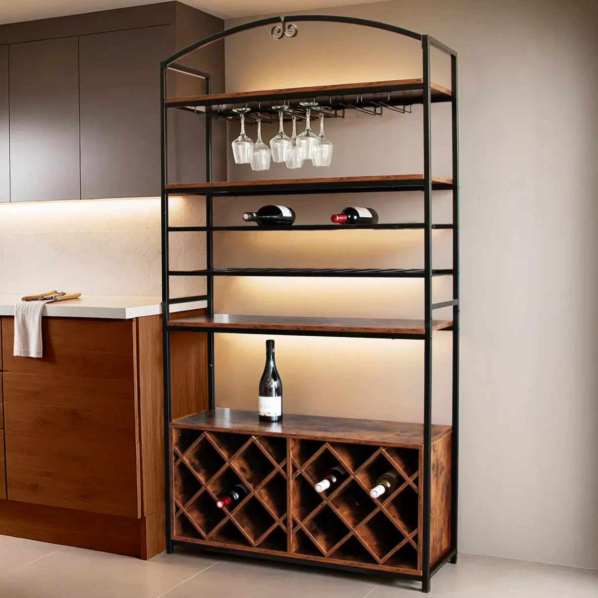 Meuble range-bouteilles  industriel  32 emplacements et porte-verres H 180 cm Marceau Carton A