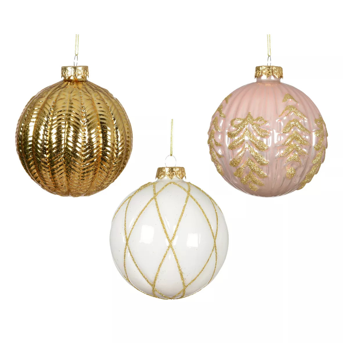 LOT DE 12 (EN VERRE)  Boules verre Rêverie dia10cm Or, rose et blanc