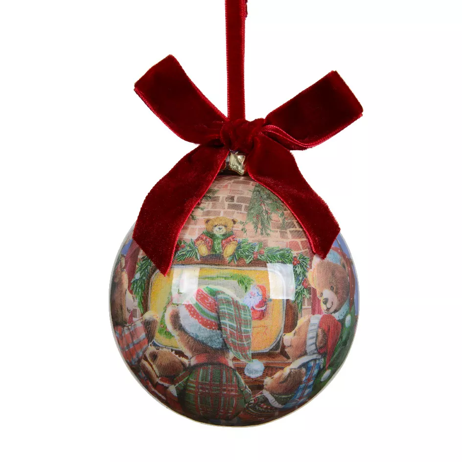 Boule de Noël (D100 mm) motif petits oursons avec nœud velours bordeaux